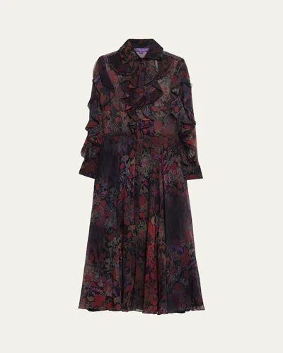 Ralph Lauren Mesh-inset Ruffle Chiffon Long-sleeve Maxi Shirtdress In Multi
