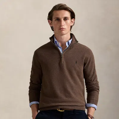 Ralph Lauren Mesh-knit Cotton Quarter-zip Sweater In Brown