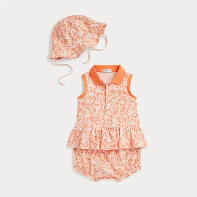 Ralph Lauren Babies' Mesh Polo Shirt, Bloomer & Hat Set In Orange