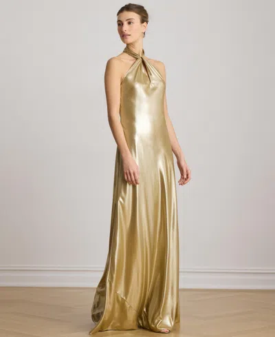 Ralph Lauren Metallic Chiffon Halter Gown In Gold