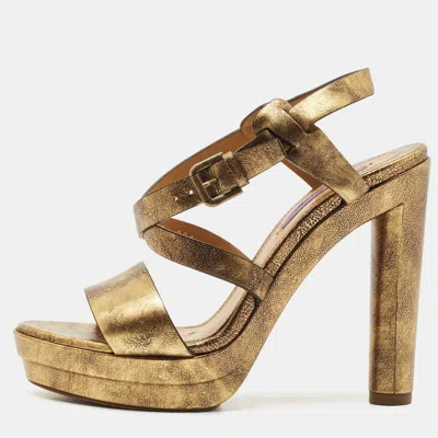 Ralph Lauren Metallic Gold Leather Estrid Platform Ankle Strap Sandals