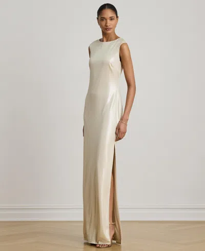 Ralph Lauren Metallic-jersey Boat-neck Maxi Dress In Neutral