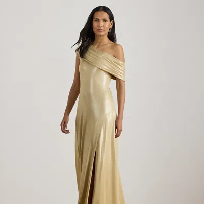 Ralph Lauren Metallic Jersey Off-the-shoulder Gown In Birch Tan Foil In Brown