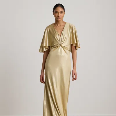 Ralph Lauren Metallic Jersey Twist-front Cape Gown In Birch Tan/gold Foil In Blue