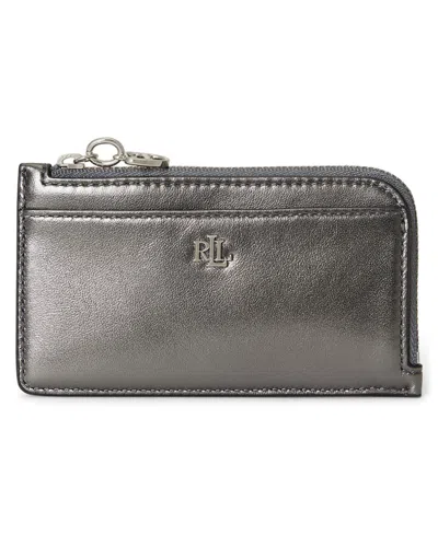Ralph Lauren Metallic Nappa Mini Leather L-zip Card Case Wallet In Dark Pewter