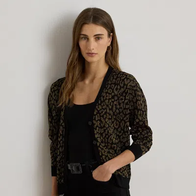 Ralph Lauren Metallic Ocelot Double-knit Cardigan In Black/relic Gold Metallic In Brown