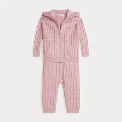 Ralph Lauren Babies'  Mini-cable Full-zip Hoodie & Pant Set In Pink