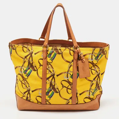 Ralph Lauren Multicolor Equestrian Canvas And Leather Shopper Tote In Yellow