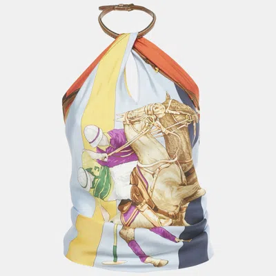 Pre-owned Ralph Lauren Multicolor Printed Silk Leather Trim Halter Neck Top Xs