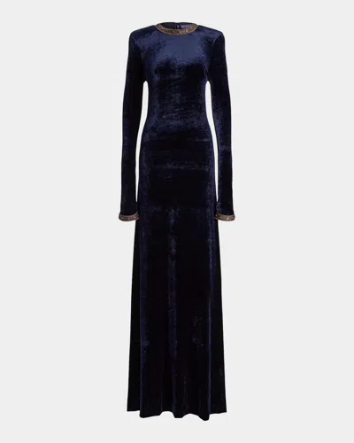 Ralph Lauren Nancie Strong-shoulder Velvet Long-sleeve Evening Dress In Blue