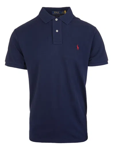 Ralph Lauren Navy Blue And Red Slim-fit Pique Polo Shirt