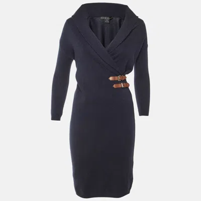 Pre-owned Ralph Lauren Navy Blue Cashmere & Wool Knit Buckle Detail Midi Dress S