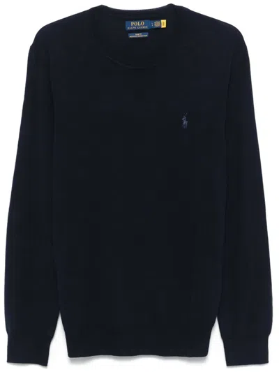 Ralph Lauren Navy Blue Crew Neck Sweater In Gold