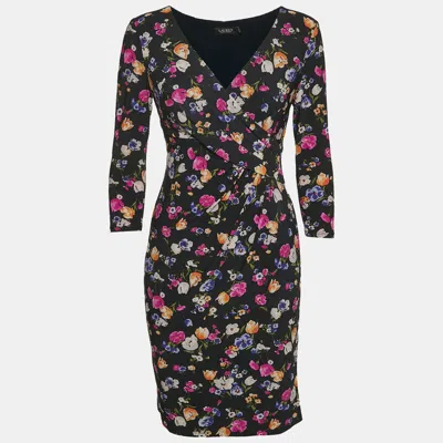Pre-owned Ralph Lauren Navy Blue Floral Print Jersey Draped Mini Dress M