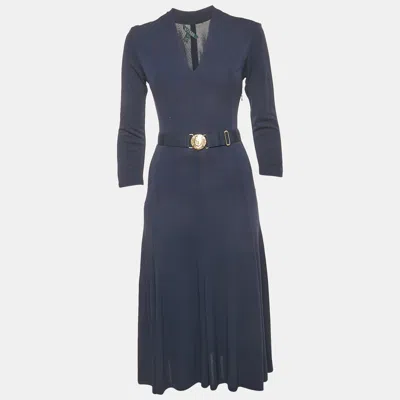 Pre-owned Ralph Lauren Navy Blue Jersey Belted V-neck Midi Dress S