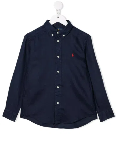 RALPH LAUREN NAVY BLUE LINEN SHIRT WITH EMBROIDERED PONY