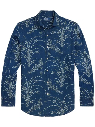 RALPH LAUREN NAVY BLUE LINEN SHIRT WITH PRINT