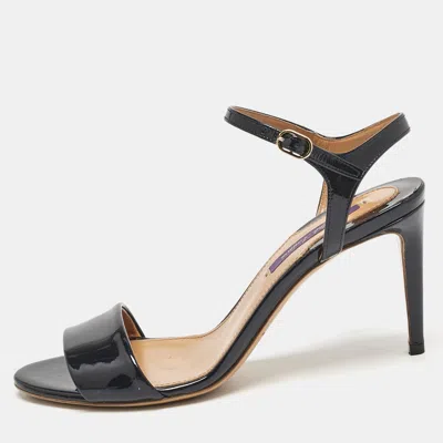 Pre-owned Ralph Lauren Navy Blue Patent Leather Ankle Strap Sandals Size 37