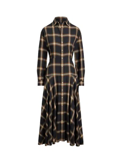 Ralph Lauren Plaid And Twill Patchwork Midi Shirt Dress In Black