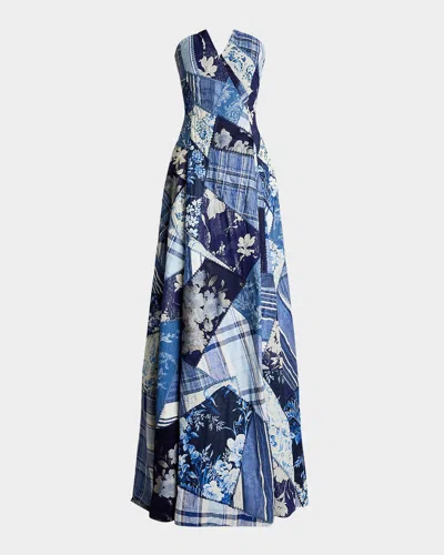 Ralph Lauren Nm X Rl Barrick Strapless Patchwork Bustier Gown In Blue Multi
