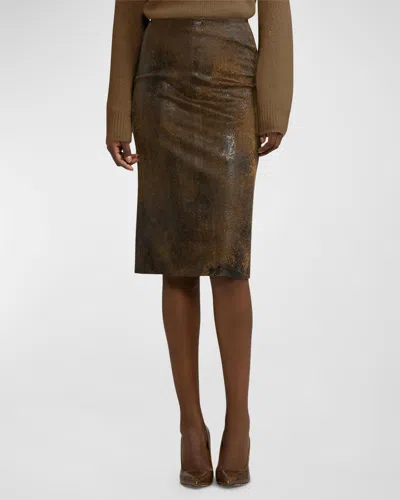 Ralph Lauren Novah Printed Flocked Denim Pencil Skirt In Brown