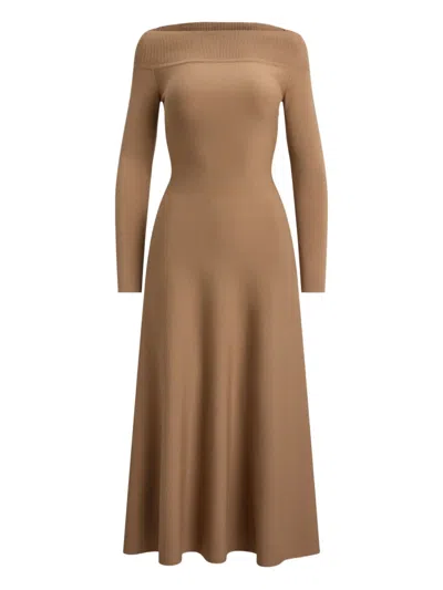 Ralph Lauren Off-shoulder Knitted Midi Dress In Brown