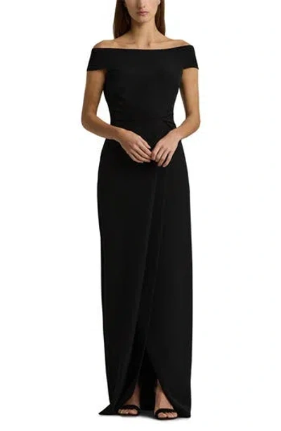Ralph Lauren Off The Shoulder Cap Sleeve Crepe Gown In Black
