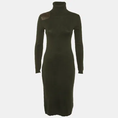Pre-owned Ralph Lauren Olive Green Wool Leather Trim Sweater Dress S