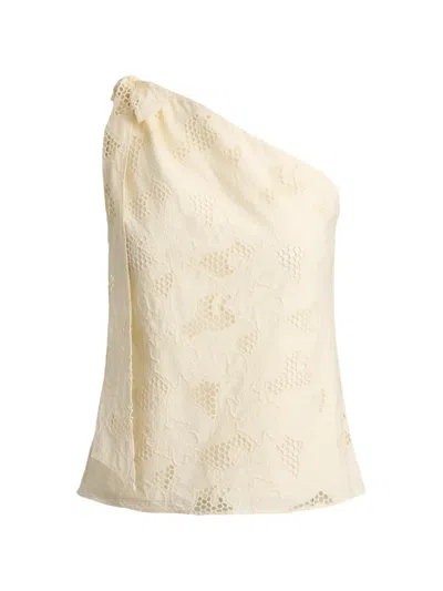 Ralph Lauren One-shoulder Floral-eyelet Voile Blouse In Neutral
