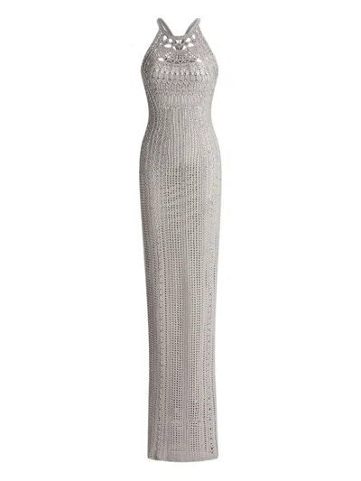 Ralph Lauren Open-back Crochet-detail Maxi Dress In Silver