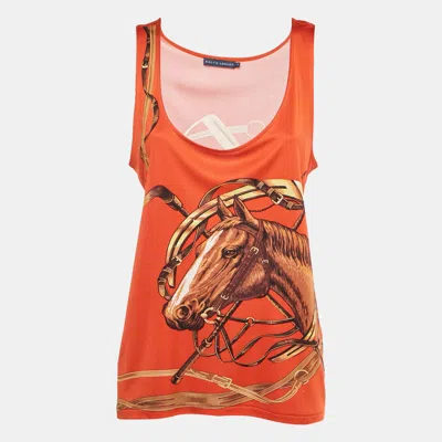 Pre-owned Ralph Lauren Orange Horse And Belt Print Jersey Tank Top S