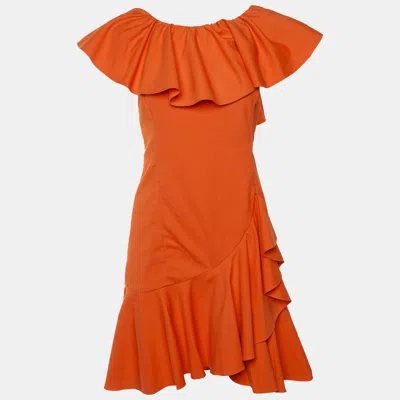 Pre-owned Ralph Lauren Orange Stretch Cotton Ruffled Dress M