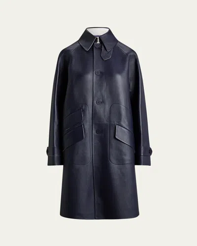 Ralph Lauren Ottis Leather Single-breasted Trench Coat In Blue