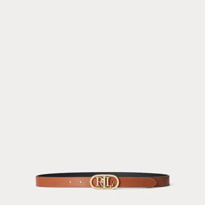 Ralph Lauren Oval-logo Reversible Leather Skinny Belt In Black/tan In Brown
