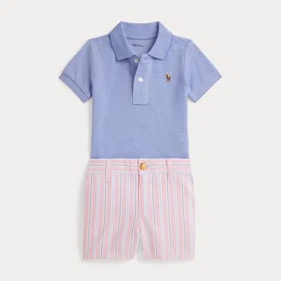 Ralph Lauren Babies'  Oxford Mesh Polo Shirt & Striped Short In Multi