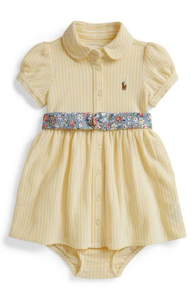 Ralph Lauren Babies'  Oxford Stripe Cotton Piqué Belted Shirtdress & Bloomers In Brown