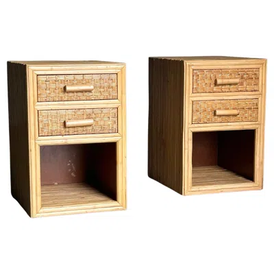 Pre-owned Ralph Lauren Pair Of Cane And Split Bamboo Nightstands In Sand