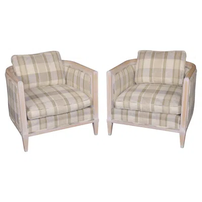 Pre-owned Ralph Lauren Pair Of Directoire Style White Washed And Plaid Upholstered Club Chairs