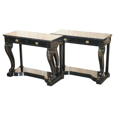 Pre-owned Ralph Lauren Pair Of  Clivedon Hardwood Macassar & Marble Console Tables In Brown