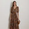Ralph Lauren Paisley Belted Crinkle Georgette Dress In Brown