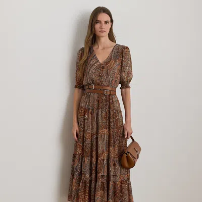 Ralph Lauren Paisley Belted Crinkle Georgette Dress In Brown