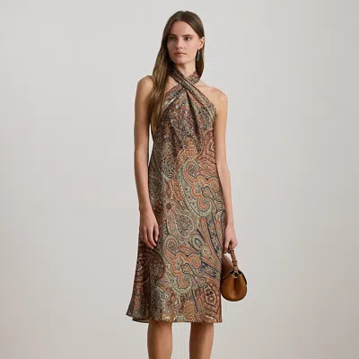 Ralph Lauren Paisley Charmeuse Halter Cocktail Dress In Multi