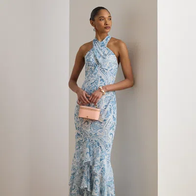 Ralph Lauren Paisley Crinkle Georgette Halter Gown In White/blue In Multi