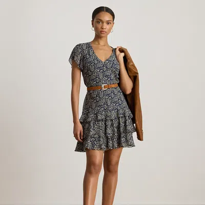Ralph Lauren Paisley Georgette Drop-waist Dress In Gray