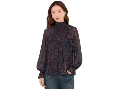 Ralph Lauren Paisley Georgette Mock Neck Blouse Women's Blouse Navy: Md, Polyester In Blue