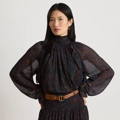 Ralph Lauren Paisley Georgette Mockneck Blouse In Navy Multi