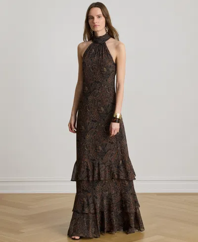 Ralph Lauren Paisley Georgette Tiered Mockneck Gown In Brown