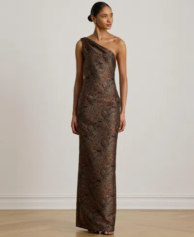 Ralph Lauren Paisley Jacquard One-shoulder Gown In Brown
