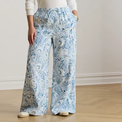 Ralph Lauren Paisley Linen Wide-leg Pant In White/blue