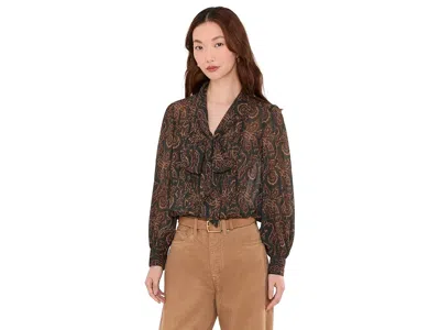 Ralph Lauren Paisley Pintucked Tie Neck Blouse Women's Blouse Green: Md, Polyester In Pattern